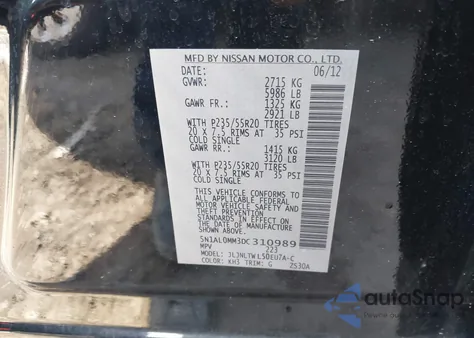 2013 Infiniti Jx35 z USA, uszkodzony, nr VIN 5N1AL0MM3DC310989